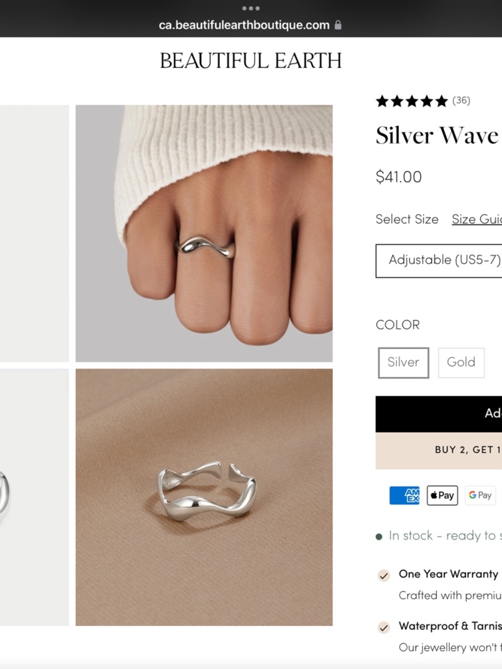 Silver Wave Ring — Adjustable Silver Band
